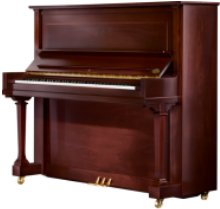 Upright piano with wood finish.
